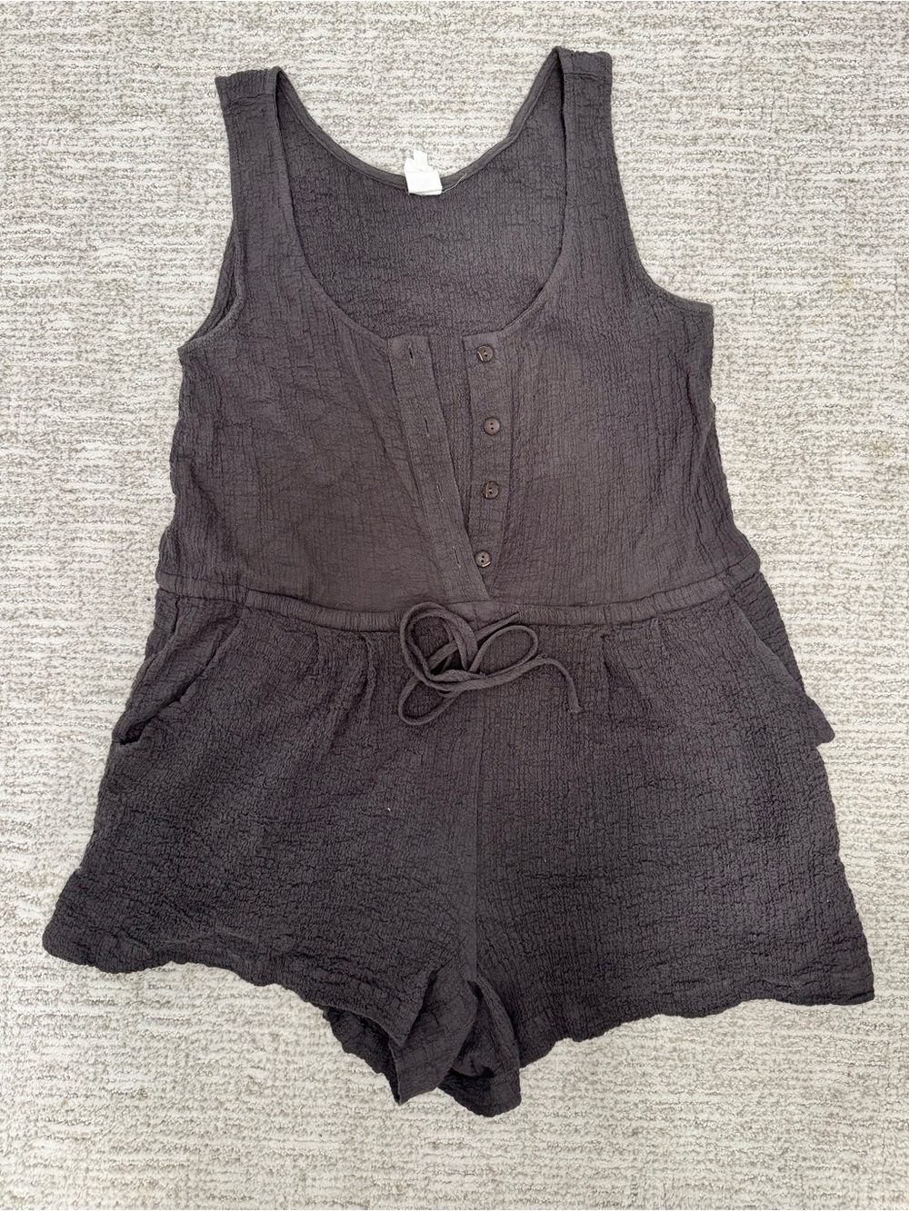 Vici Women‘s Dark Grey Textured Romper with Drawstring Waist